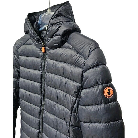 Save The Duck Womens 1/S Ultra Light Jacket Hooded Puffer Plumtech Navy Blue - Picture 10 of 16